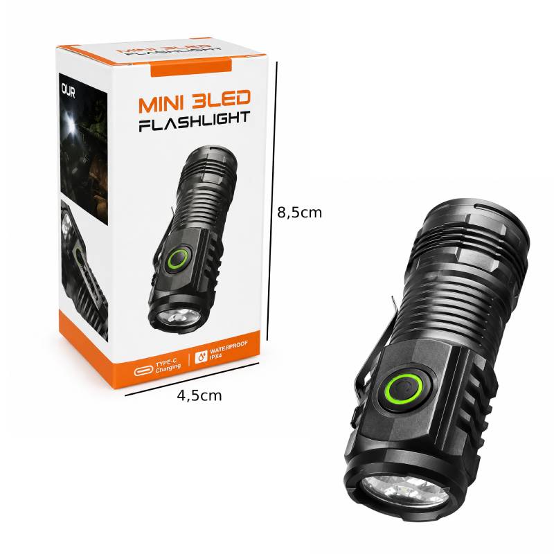 Μίνι Επαναφορτιζόμενος Φακός LED 3 LED USB Type-C Αδιάβροχος - Mini Rechargeable 3 LED Flashlight USB Type-C Waterproof - Image 2
