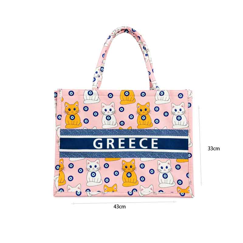 Τσάντα Θαλάσσης Greece με Σχέδιο Γάτες και Ματάκι - Greece Beach Bag with Cats and Evil Eye Design - Image 2