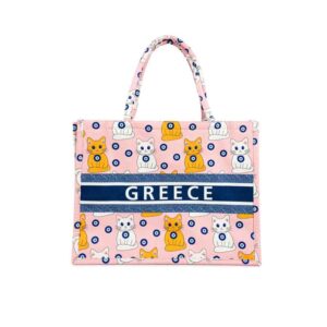 Τσάντα Θαλάσσης Greece με Σχέδιο Γάτες και Ματάκι - Greece Beach Bag with Cats and Evil Eye Design - sukki.gr