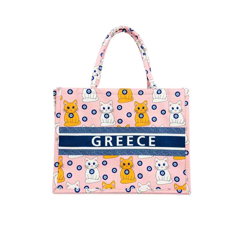 Τσάντα Θαλάσσης Greece με Σχέδιο Γάτες και Ματάκι - Greece Beach Bag with Cats and Evil Eye Design - sukki.gr