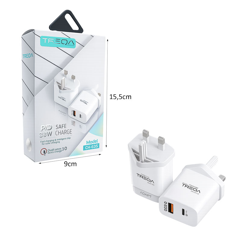 Treqa Φορτιστής Γρήγορης Φόρτισης PD 38W με Θύρα USB και Type C CH-635 - Fast Charging - Image 3