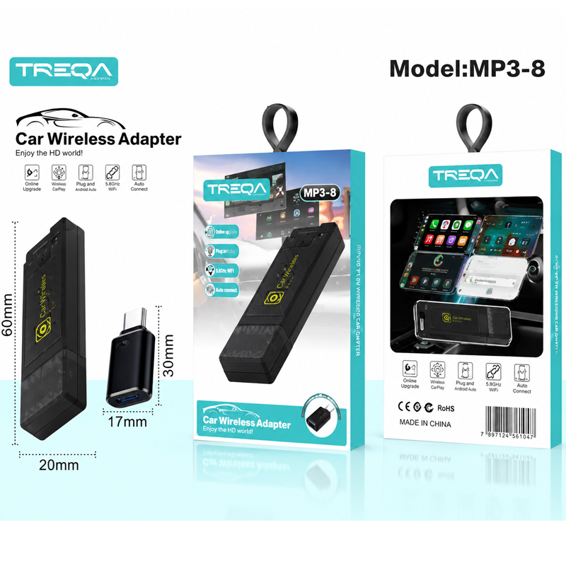 Treqa Ασύρματος Αντάπτορας CarPlay και Android Auto για Αυτοκίνητο MP3-8 - Wireless CarPlay and Android Auto Adapter for Car - sukki.gr