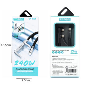 Alternative view of Treqa Καλώδιο USB-C σε USB-C με Βάση Στήριξης 240W 1.5m CA-8008 - USB-C to USB-C 240W Charging & Stand Cable 1.5m