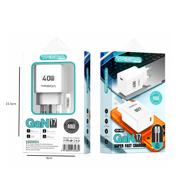 Treqa Φορτιστής GaN 40W USB-C Power Delivery με Καλώδιο Type-C CH-663- GaN 40W USB-C Power Delivery Charger with Type-C Cable - Image 2