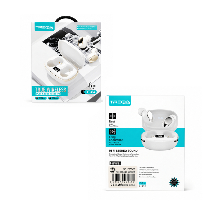 Treqa Ασύρματα Bluetooth Ακουστικά TWS με Θήκη Φόρτισης BT-84 - True Wireless Bluetooth Earbuds with Charging Case