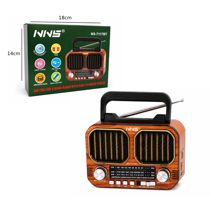 NNS Φορητό Ραδιόφωνο Bluetooth με USB, TF, TWS & Επαναφορτιζόμενη Μπαταρία NS-7117BT - Portable Bluetooth Radio with USB, TF, TWS & Rechargeable Battery - Image 2
