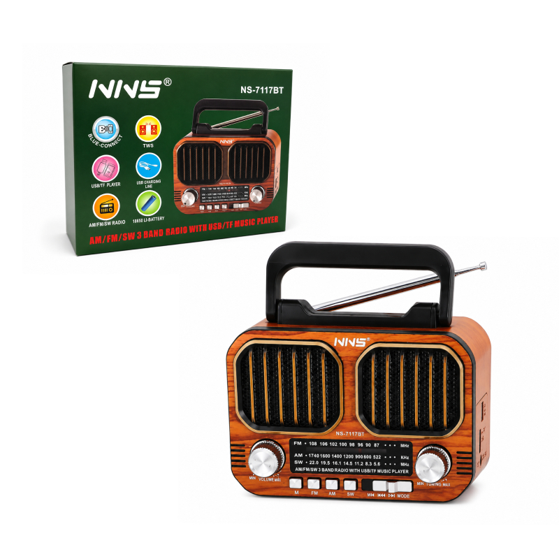 NNS Φορητό Ραδιόφωνο Bluetooth με USB, TF, TWS & Επαναφορτιζόμενη Μπαταρία NS-7117BT - Portable Bluetooth Radio with USB, TF, TWS & Rechargeable Battery