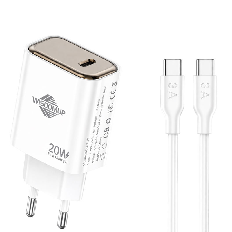 Wisdomup Φορτιστής Κινητού Type-C σε Type-C 20W OCD-30T - Fast Charger with Type-C to Type-C Cable - Image 2