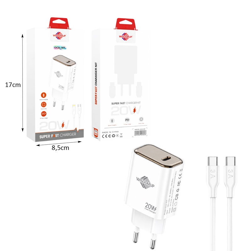 Wisdomup Φορτιστής Κινητού Type-C σε Type-C 20W OCD-30T - Fast Charger with Type-C to Type-C Cable - Image 3