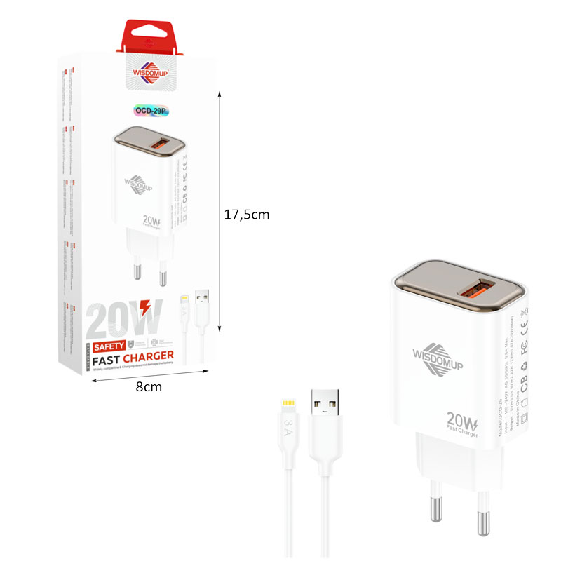 Wisdomup Φορτιστής Ταχείας Φόρτισης 20W USB με Καλώδιο USB σε Lightning OCD-29P - Fast Charger with USB to Lightning Cable - Image 2