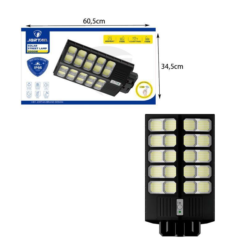 Jortan Led Αδιάβροχο Ηλιακό Φωτιστικό Δρόμου 2000W με Ανιχνευτή Κίνησης Και Τηλεχειριστήριο IP66 - Solar Street Lamp - Image 2