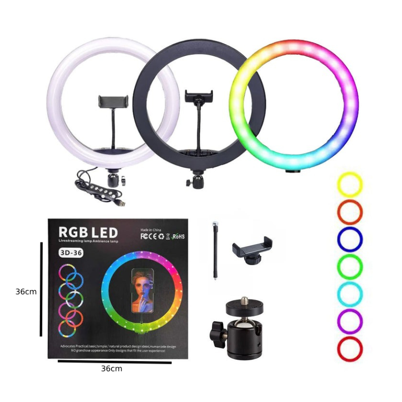 RGB LED Ring Light 36cm (14") με Βάση Κινητού & Ρυθμιζόμενο Φωτισμό 3D-36 - RGB LED 14" Ring Light with Phone Holder & Adjustable Lighting - Image 2