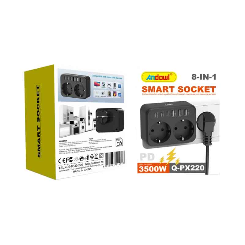 Andowl Πολύπριζο 8 σε 1 με 2 Πρίζες & 6 Θύρες USB 3500W Q-PX220- Smart Socket - sukki.gr