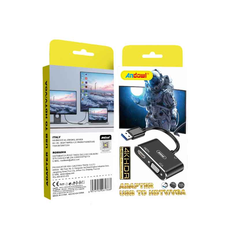 Andowl Αντάπτορας USB σε HDMI/VGA 4K HDR – USB to HDMI/VGA 4K HDR Adapter - sukki.gr