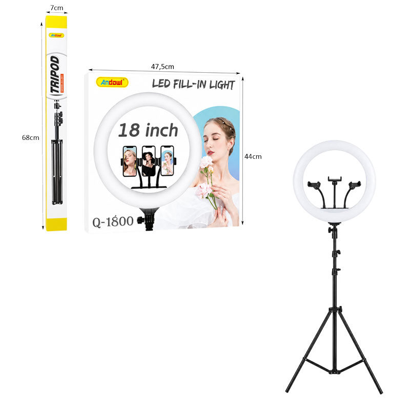 Andowl Επαγγελματικό Ring Light LED 18 Ιντσών με Τρίποδο και Βάσεις Κινητού Q-1800 - Professional 18 Inch LED Ring Light with Tripod and Phone Holders - Image 3