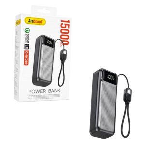 Andowl Power Bank 15000mAh Ταχείας Φόρτισης με Ψηφιακή Οθόνη & Ενσωματωμένο Καλώδιο Q-DC389 - Fast Charging Power Bank with Digital Display