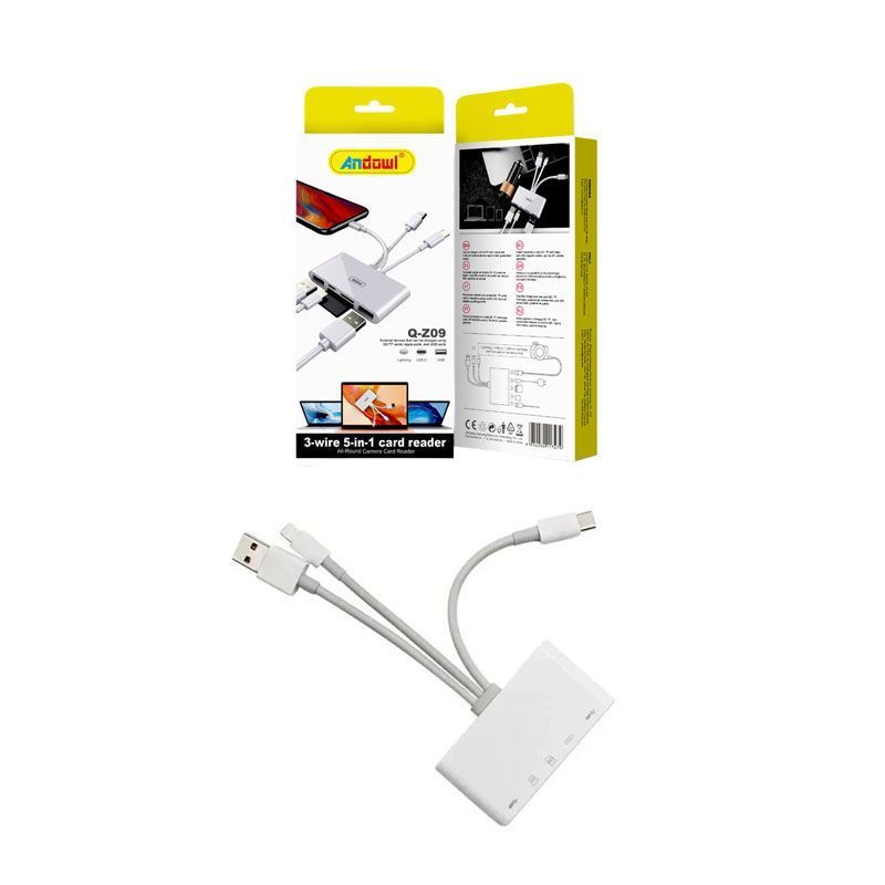 Andowl 5 σε 1 Lightning+Type C+USB A Card Reader με 3 Καλώδια Andowl Q-Z09 - 3-wire 5 in 1 card reader Q-Z09 - sukki.gr