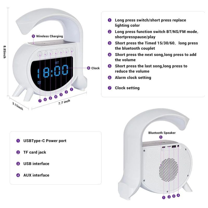 Andowl Ηχείο 4 σε 1 με Bluetooth, ασύρματο φορτιστή, ξυπνητήρι & ρολόι 15W 5A Pro - Wireless Charging Speaker - Image 5