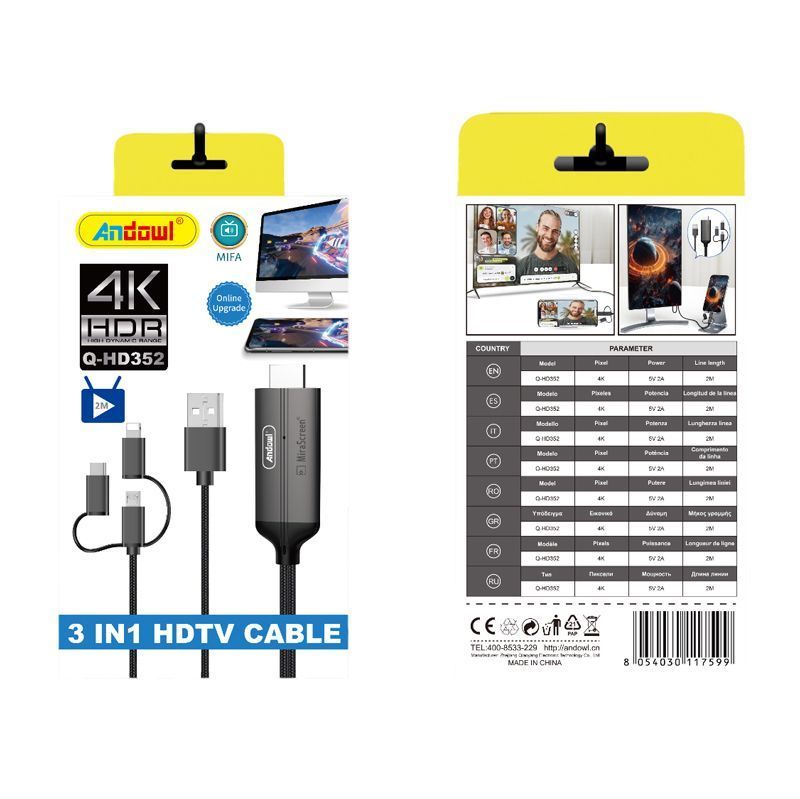 Andowl Καλώδιο USB σε HDTV 3in1 4K HDR Q-HD352 - 3in1 HDTV Cable - Image 2