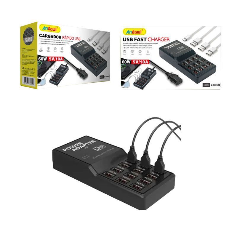 Andowl Βάση Φόρτισης με 12 Θύρες USB-A 60W σε Μαύρο χρώμα Q-CD630 - USB Fast Charger - sukki.gr
