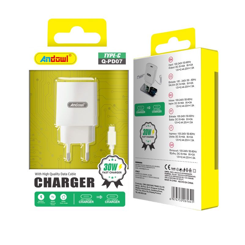 Andowl Φορτιστής με καλώδιο Type-C σε Type-C 30W Q-PD07 - Charger - sukki.gr