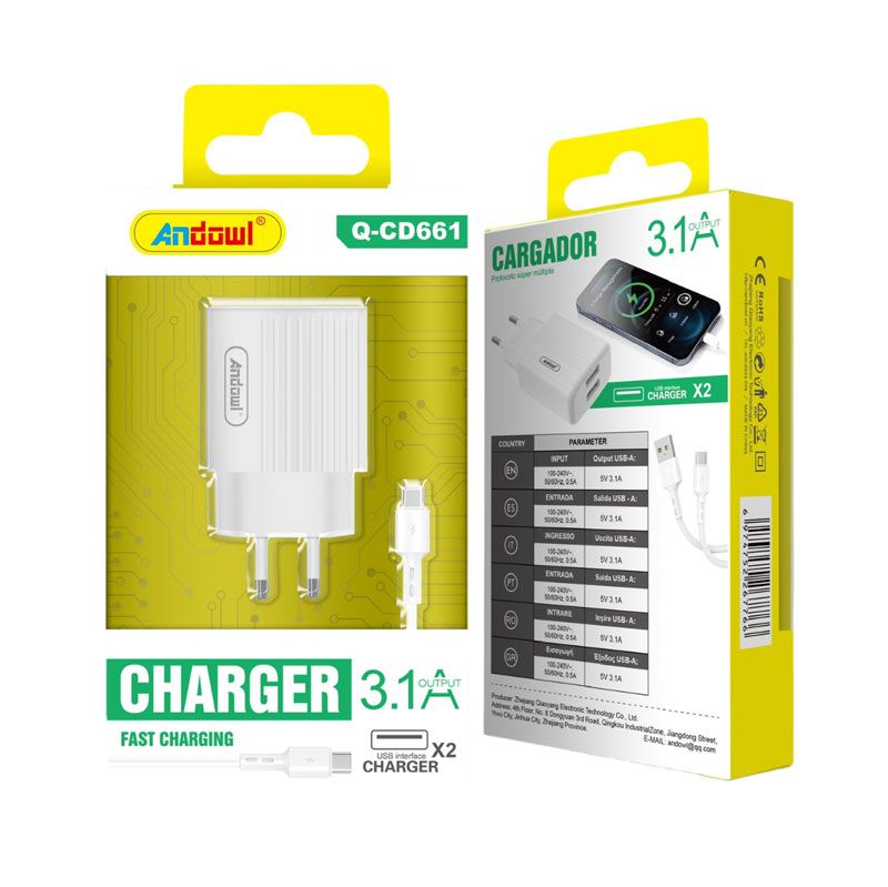 Andowl Φορτιστής με καλώδιο Type-C & 2USB 3.1A Q-CD661 - sukki.gr