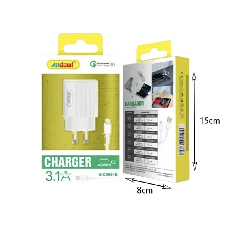 Andowl Φορτιστής με καλώδιο Lightning 3.1A Q-CD661B - Charger - Image 2
