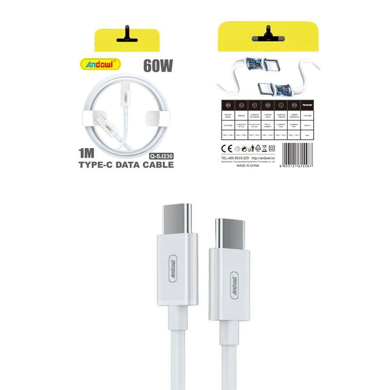 Andowl Q-SJ230 Καλώδιο γρήγορης φόρτισης TypeC 60W PD 1m Λευκό - Data Cable - sukki.gr