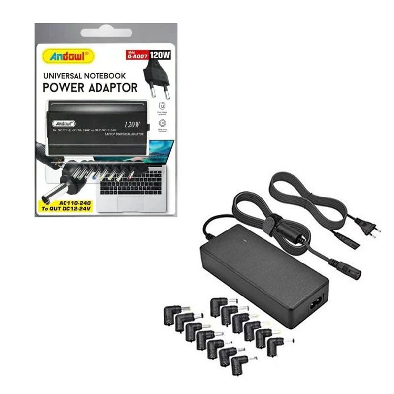Andowl Universal Φορτιστής Laptop 120W με Αποσπώμενο Καλώδιο Τροφοδοσίας και με σετ βυσμάτων Q-A007 - Universal Notebook Power Adaptor - sukki.gr