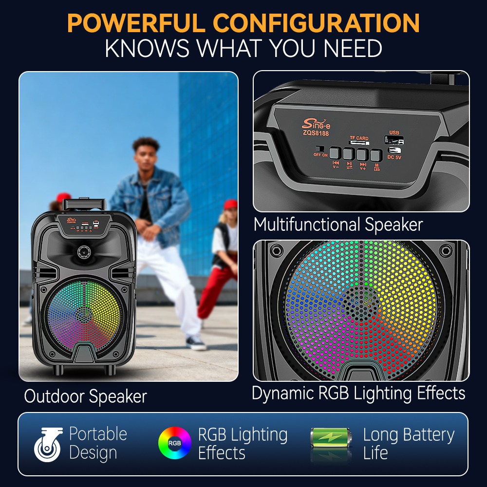 Sing-e Φορητό Bluetooth Ηχείο Karaoke 8" με Ασύρματο Μικρόφωνο & LED Φωτισμό ZQS8188- 8" Portable Bluetooth Karaoke Speaker with Wireless Microphone & LED Lights - Image 2