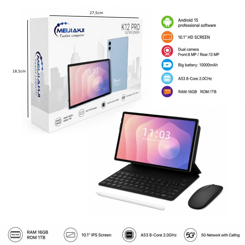 MEIJIAHUI Tablet K12 Pro 10.1" με Πληκτρολόγιο, Ποντίκι & Γραφίδα - Android Tablet with Keyboard, Mouse & Stylus - Image 2