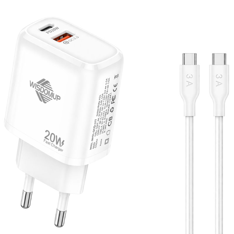 Wisdomup Φορτιστής Κινητού USB-C και USB με Καλώδιο Type-C σε Type-C 20W OCD-31T - Fast Charger with Type-C to Type-C Cable - Image 2