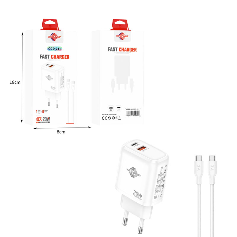 Wisdomup Φορτιστής Κινητού USB-C και USB με Καλώδιο Type-C σε Type-C 20W OCD-31T - Fast Charger with Type-C to Type-C Cable - Image 3