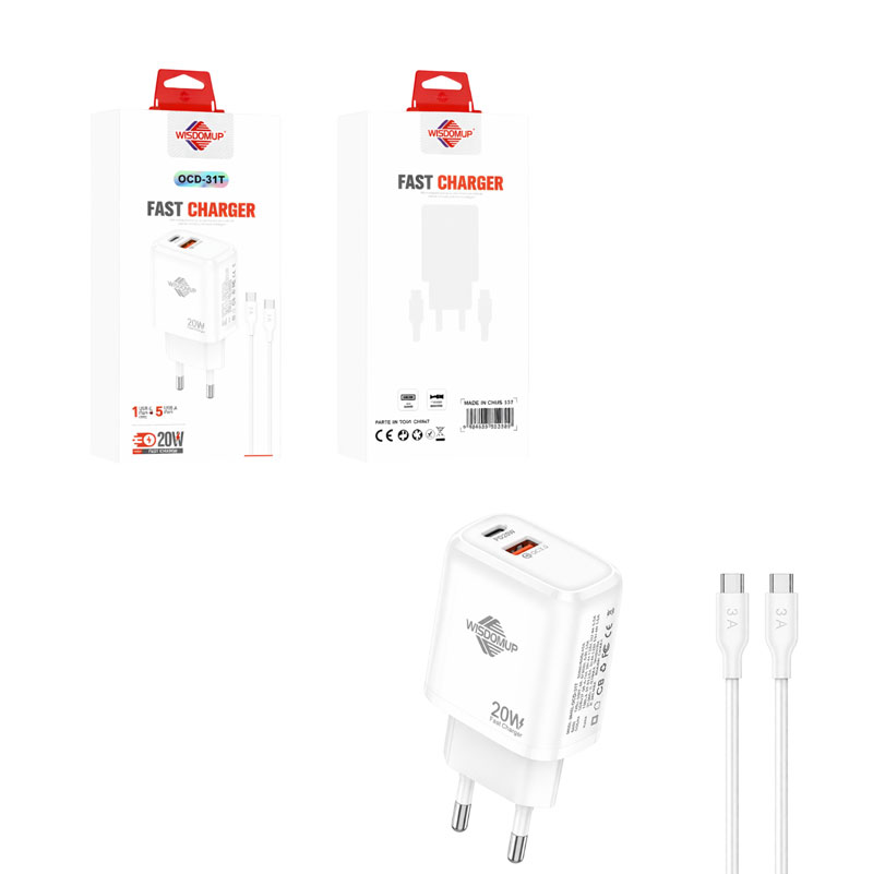 Wisdomup Φορτιστής Κινητού USB-C και USB με Καλώδιο Type-C σε Type-C 20W OCD-31T - Fast Charger with Type-C to Type-C Cable - sukki.gr