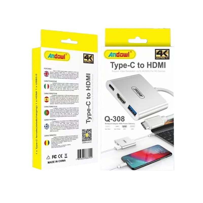 Andowl Type C σε HDMI Αντάπτορας με πολλές Θύρες Q-308 - Type C to HDMI - sukki.gr