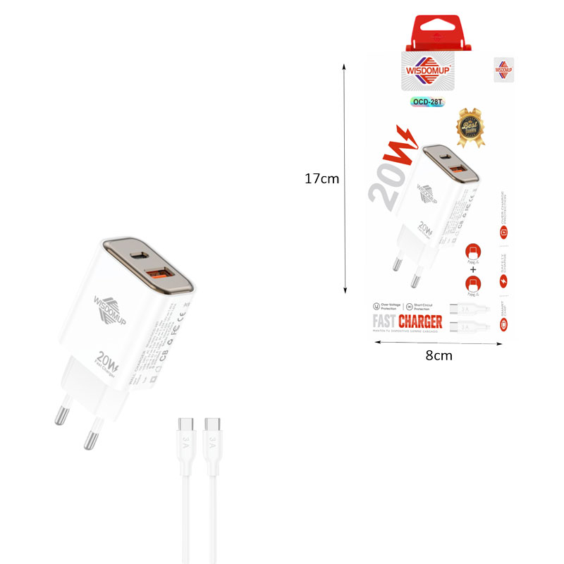 Wisdomup Φορτιστής Ταχείας Φόρτισης 20W USB & Type C με Καλώδιο Type C σε Type C OCD-28T – Fast Charger USB & Type C with Type C to Type C Cable - Image 2