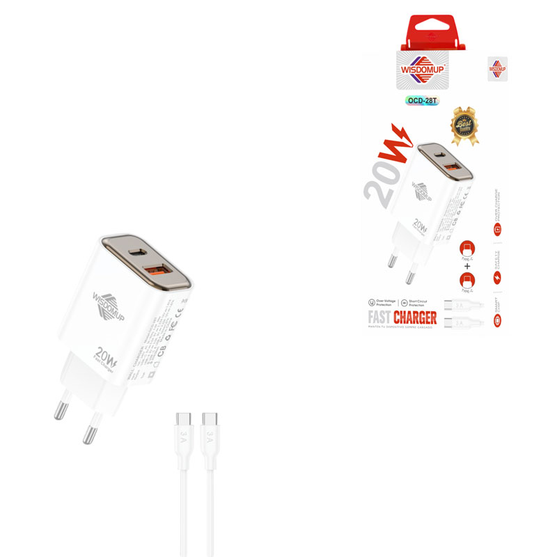 Wisdomup Φορτιστής Ταχείας Φόρτισης 20W USB & Type C με Καλώδιο Type C σε Type C OCD-28T – Fast Charger USB & Type C with Type C to Type C Cable - sukki.gr