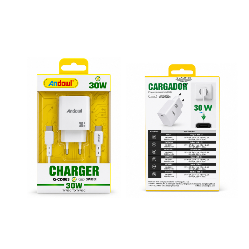 Andowl Φορτιστής USB-C PD 30W με Καλώδιο Type-C σε Type-C Q-CD663 - 30W USB-C PD Charger with Type-C to Type-C Cable