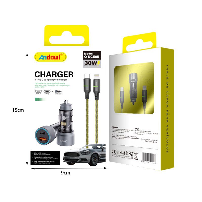 Andowl Φορτιστής αυτοκινήτου με καλώδιο Type-C σε Lighting Q-DC50B - Charger - Image 2