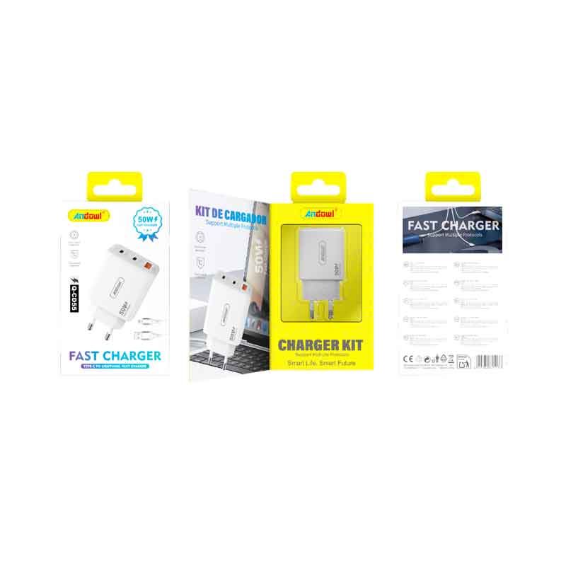 Andowl Γρήγορος φορτιστής κινητού με καλώδιο QC 3.0 PD 65W με Διπλή Έξοδο USB-C & USB-A Q-CD55 -Mobile charger Q-CD55 - sukki.gr