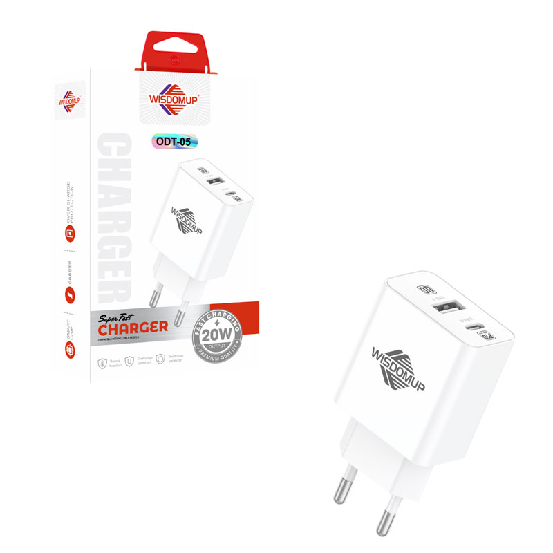 Wisdomup Φορτιστής 20W USB & Type C Διπλής Θύρας Ταχείας Φόρτισης ODT-05 – 20W Dual Port USB & Type C Fast Charger - sukki.gr