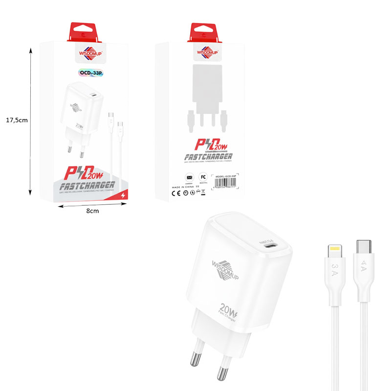 Wisdomup Φορτιστής Κινητού USB-C με Καλώδιο Lightning σε Type-C 20W OCD-33P - Fast Charger with Lightning to Type-C Cable - Image 3