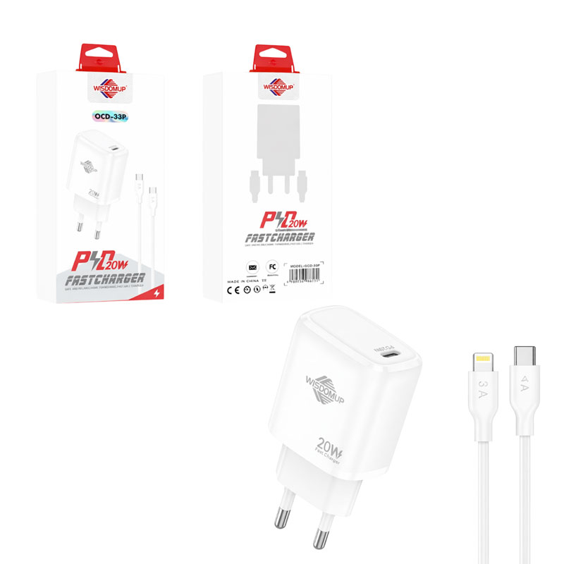 Wisdomup Φορτιστής Κινητού USB-C με Καλώδιο Lightning σε Type-C 20W OCD-33P - Fast Charger with Lightning to Type-C Cable - sukki.gr