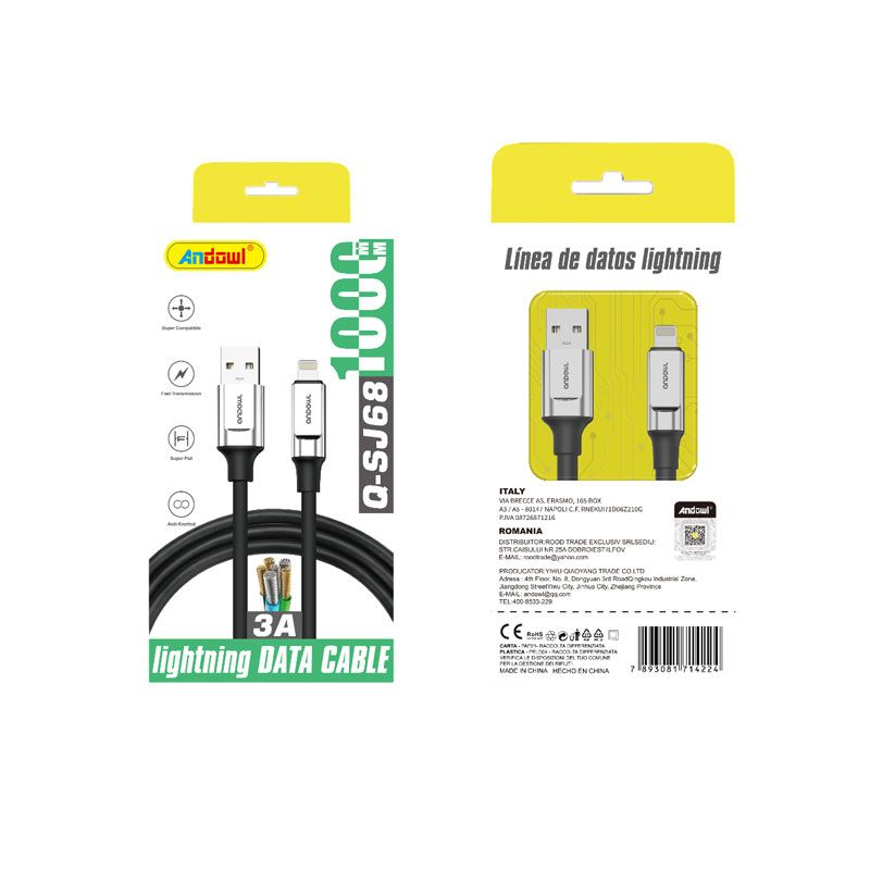 Andowl Καλώδιο δεδομένων USB σε Lightning– 3A Q-SJ68 - Data Cable - sukki.gr